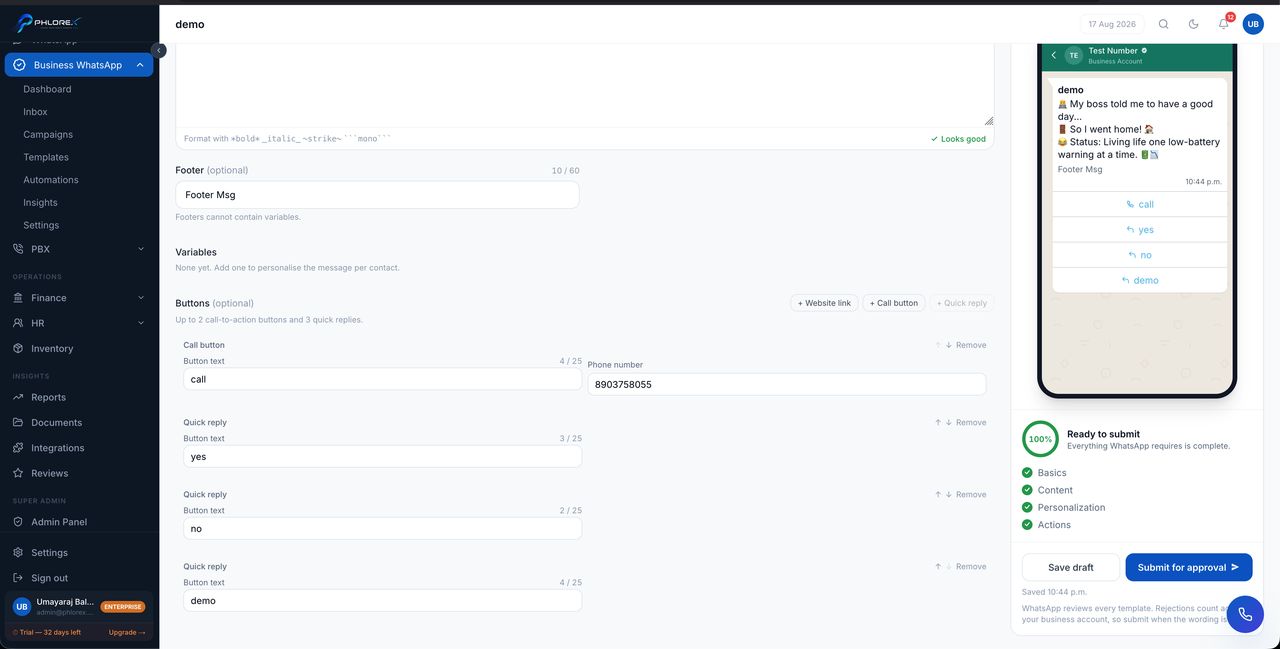 Adding buttons — a link, a call, or quick replies