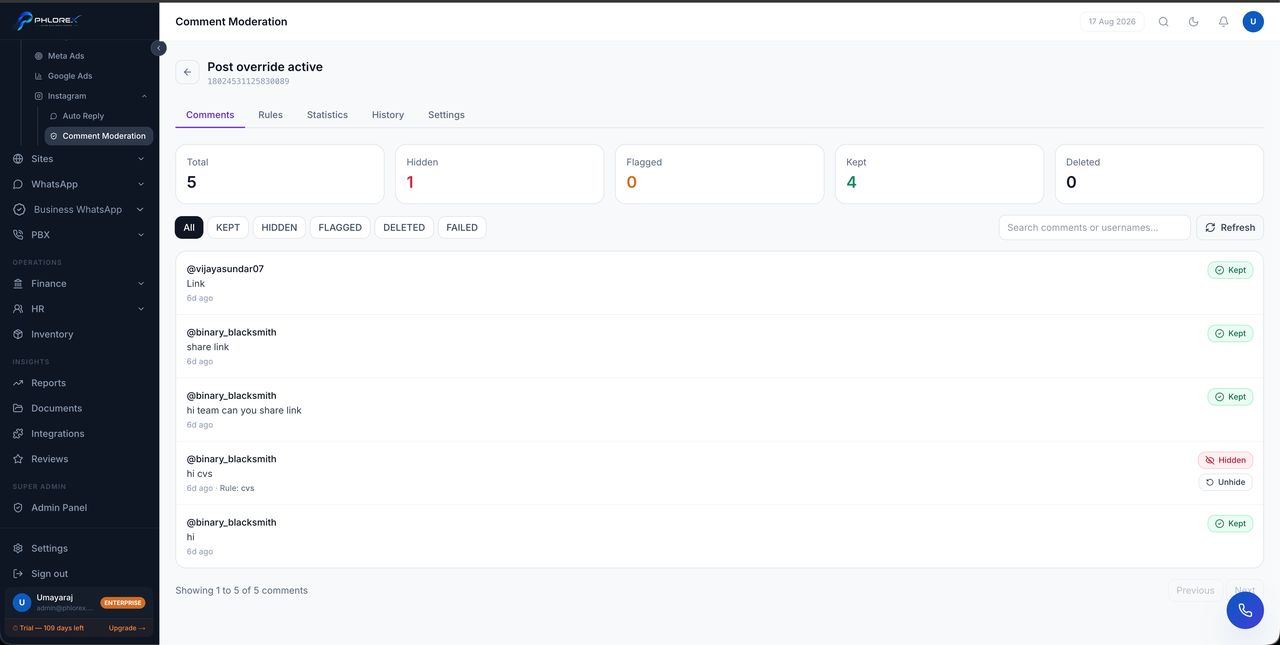 Comments — reply, hide, or convert to a prospect