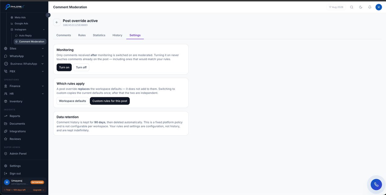 Settings — whether this post overrides workspace defaults