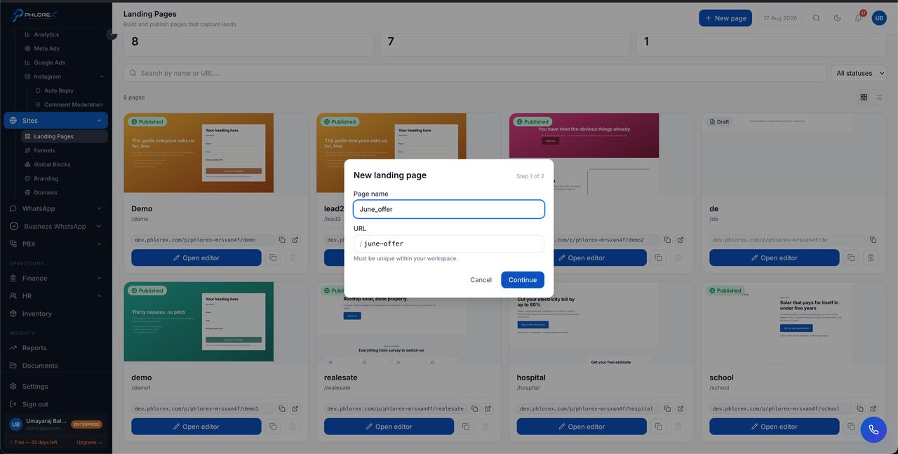 Step 1 — page name and URL