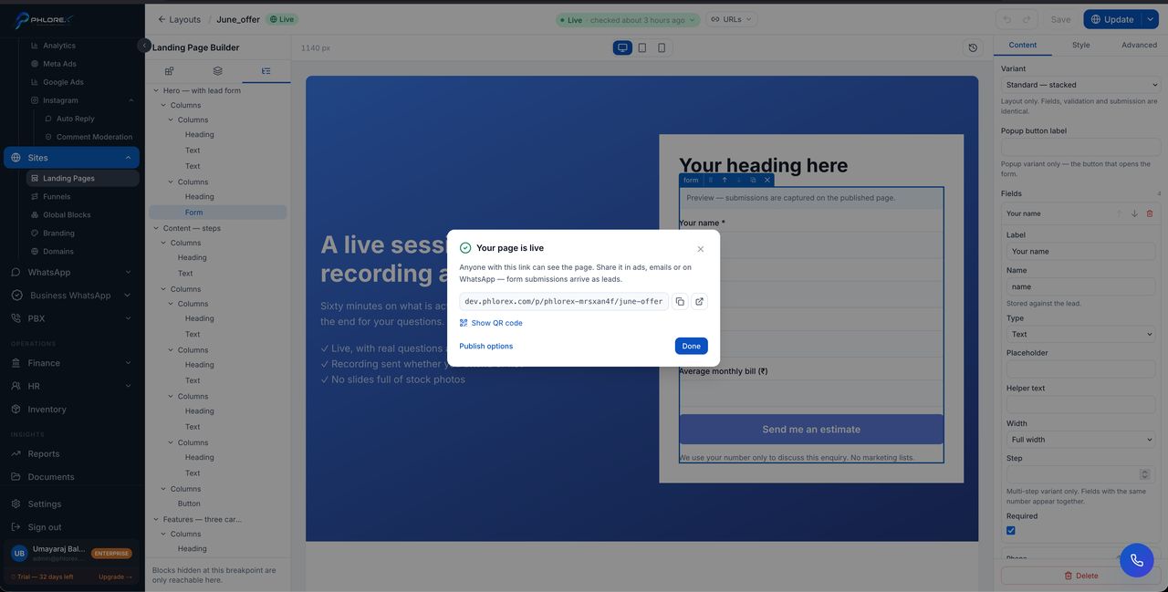 Your page is live — copy the link or open it