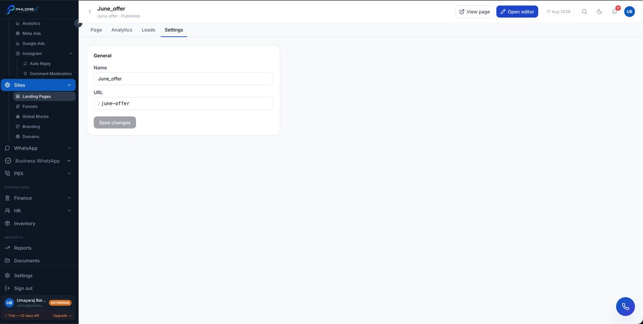 Page settings — title, slug, meta description, indexing