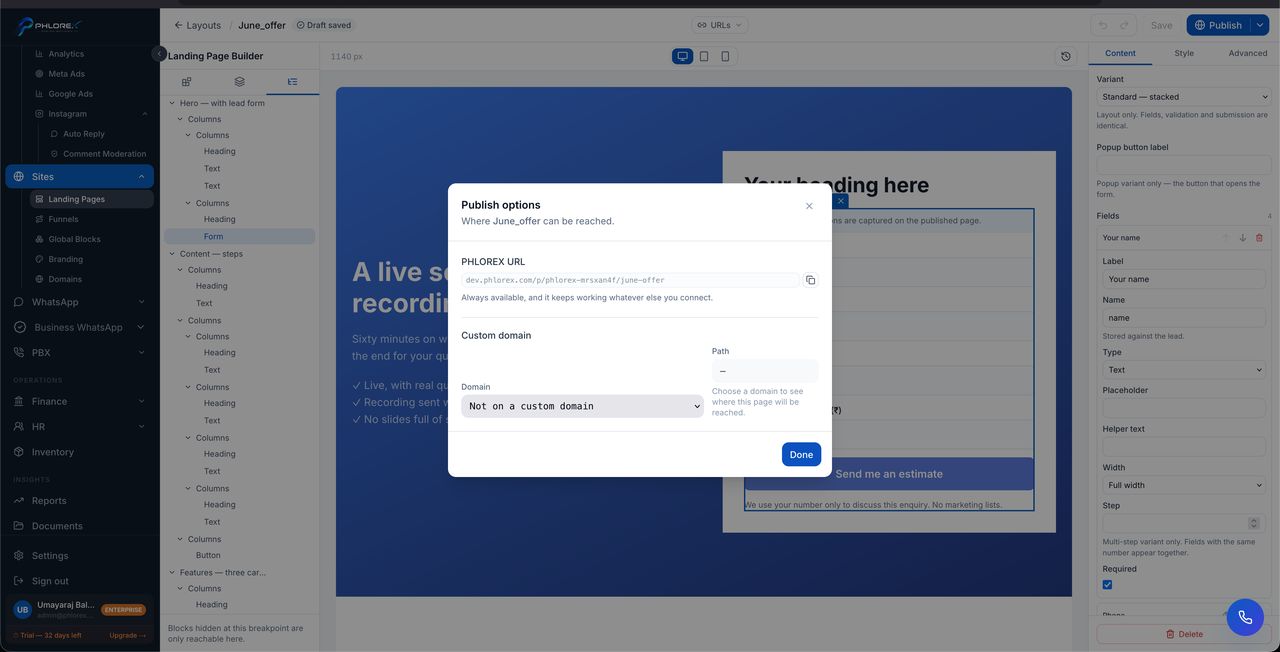 Publish options — the PHLOREX URL always works