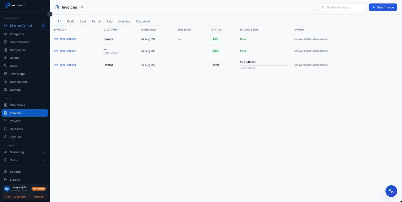 The invoice list, filtered