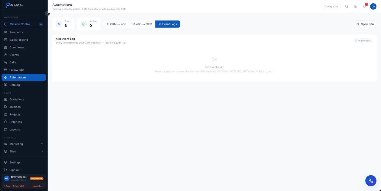 The event log — empty until something fires
